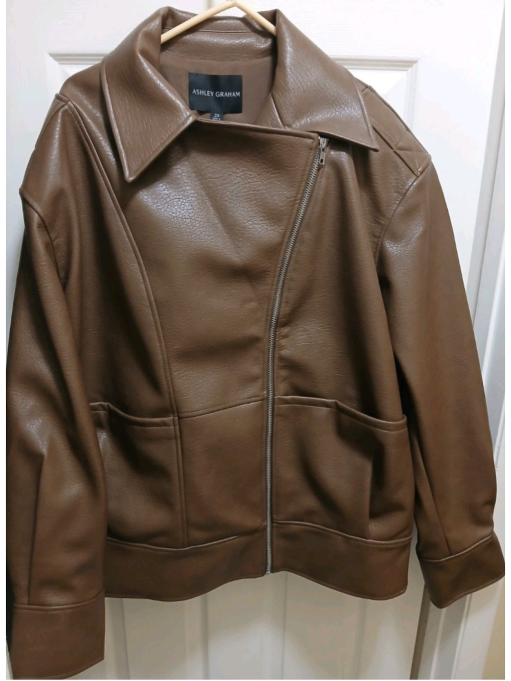NWT Ashley Graham Womens Faux Leather Midweight Motorcycle Jacket Sz 2X Brown